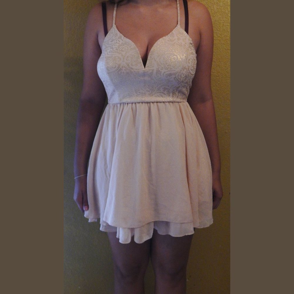 A'GACI Blush Pink and Gold Halter V-Neck Mini Dress